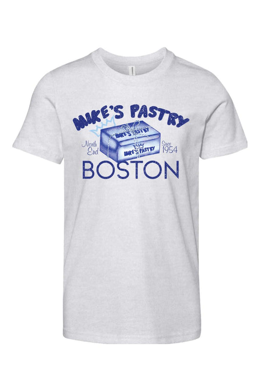 Youth heather gray cotton t-shirt featuring a blue Mike's Pastry Boston box graphic with North End 1954 text.