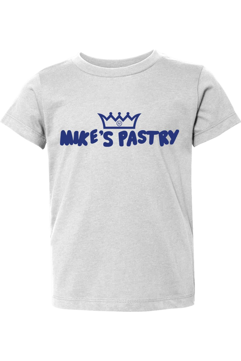 Light grey toddler t-shirt featuring the blue Mike's Pastry logo and crown graphic on the chest.