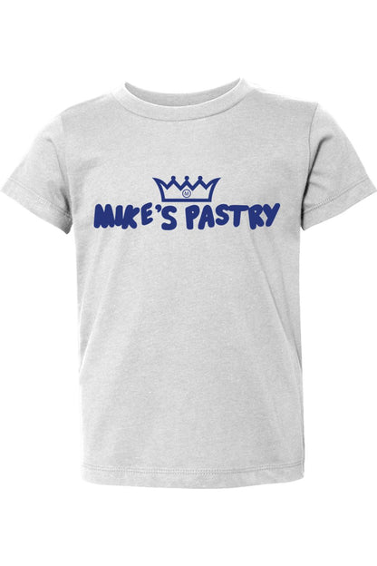 Light grey toddler t-shirt featuring the blue Mike's Pastry logo and crown graphic on the chest.