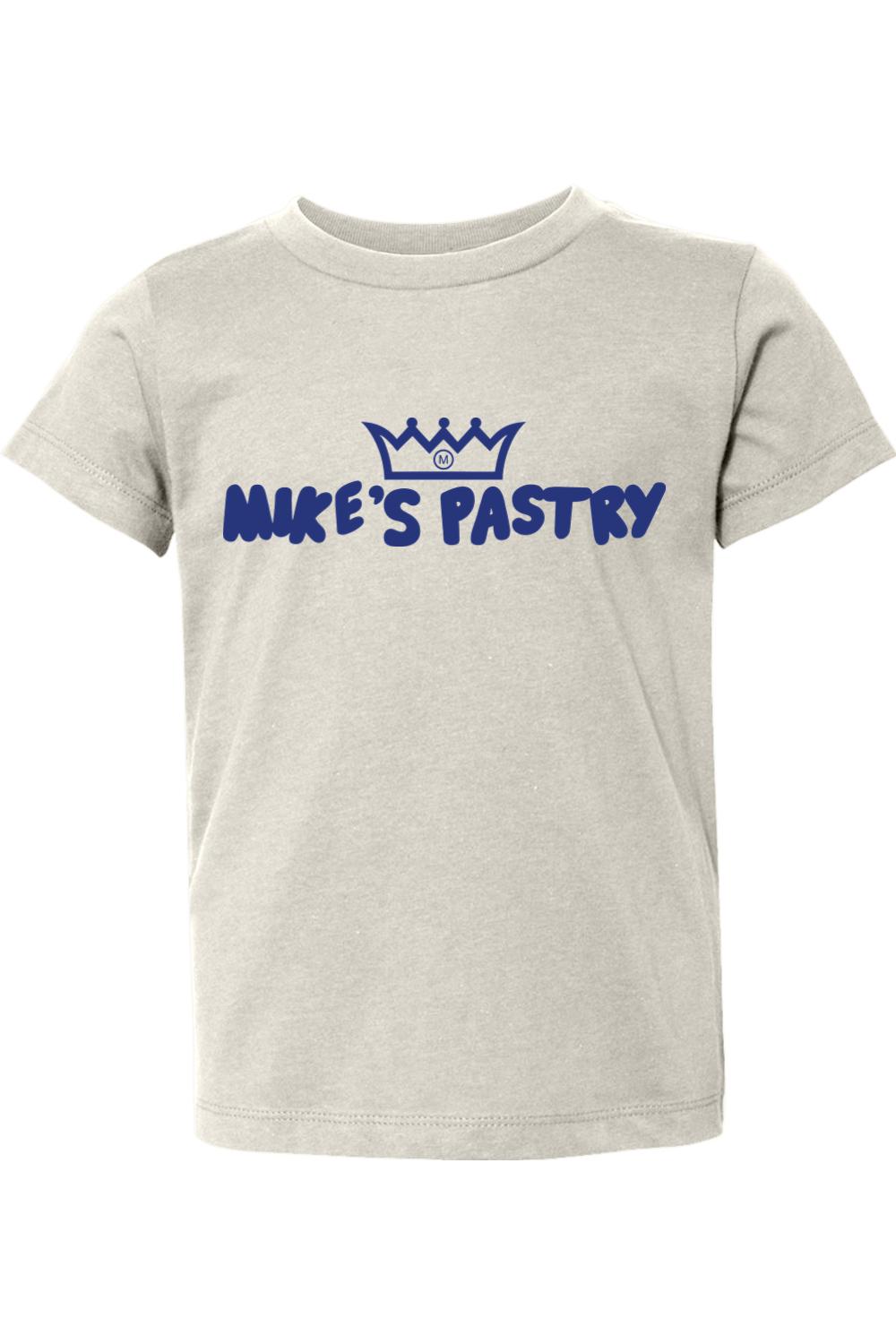 Toddler-sized heather gray cotton t-shirt featuring the blue Mike's Pastry crown logo and text on the chest.
