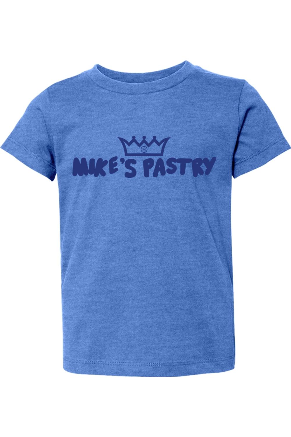 Toddler heather blue cotton t-shirt featuring the iconic Mike's Pastry logo and crown graphic in dark blue.