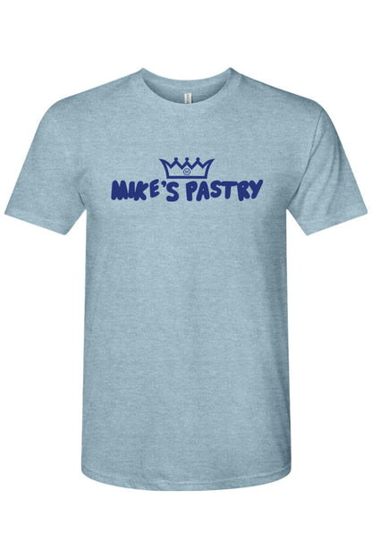 Light blue heathered triblend crewneck t-shirt featuring the navy blue Mike's Pastry logo and crown graphic.