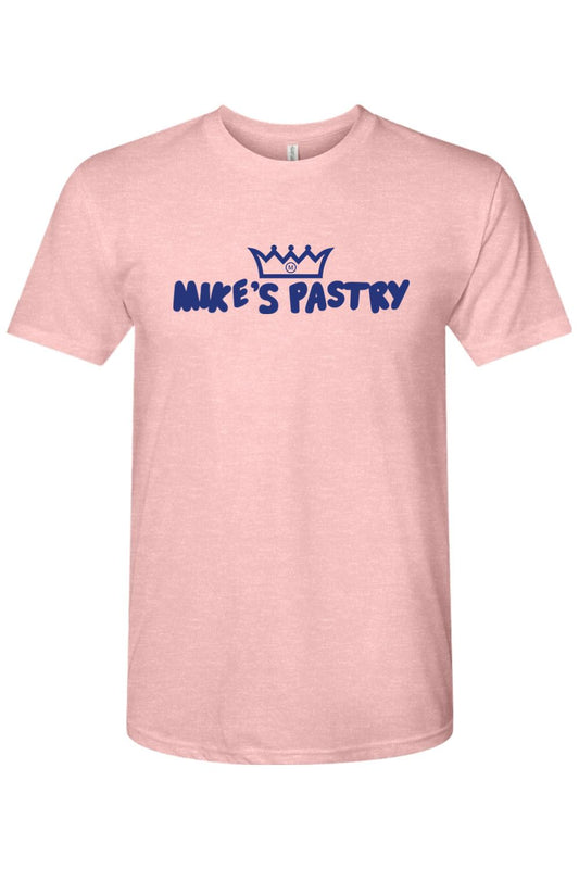 Soft pink triblend men's t-shirt featuring a blue Mike's Pastry logo with a crown icon on the chest.