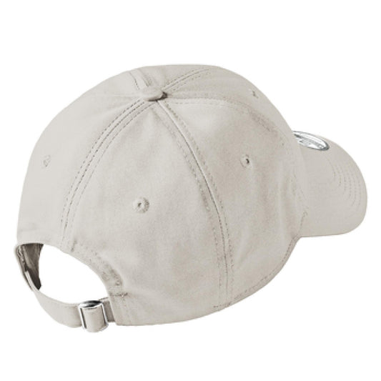 Beige unstructured cotton baseball hat with an adjustable fabric strap and silver D-clip closure.