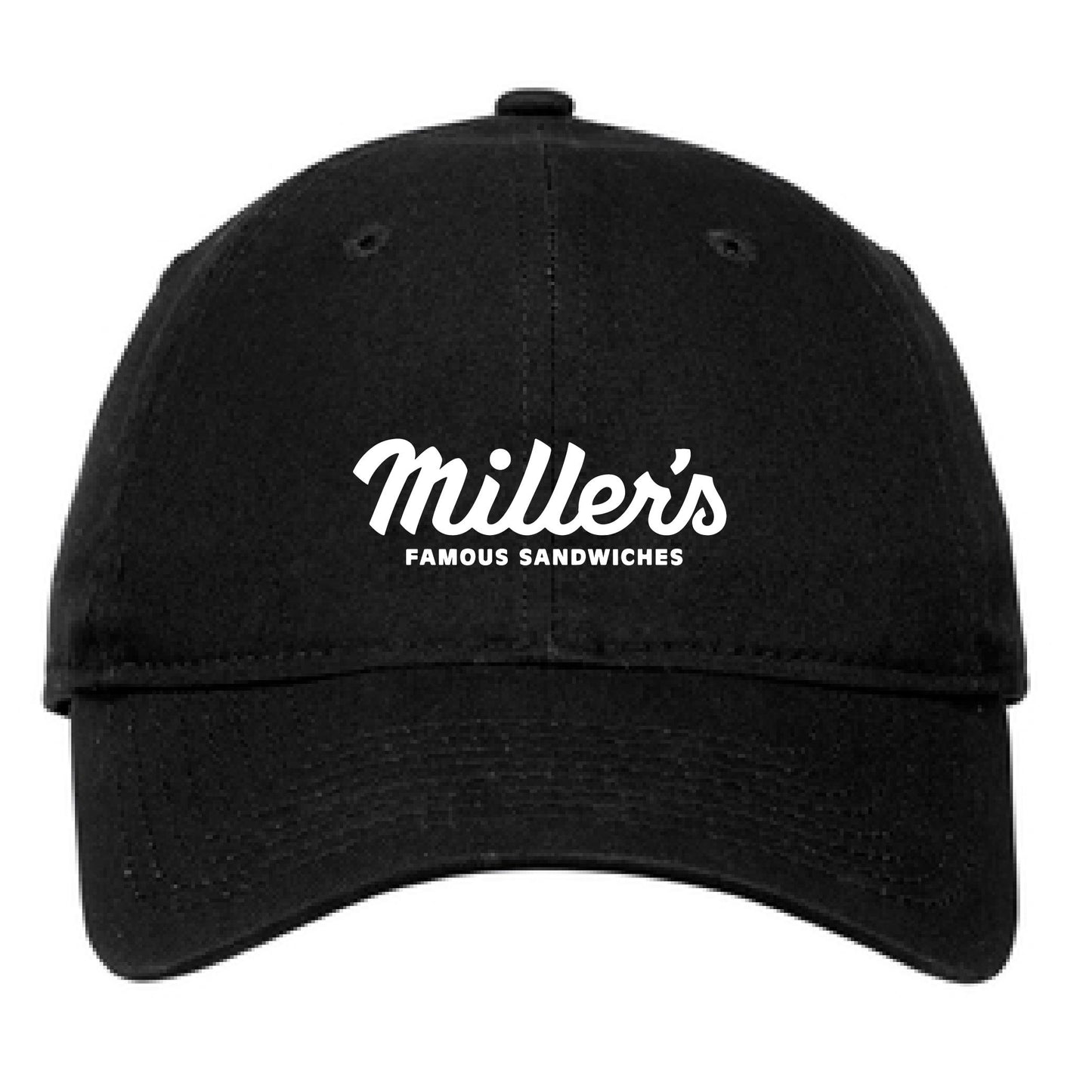 Black unstructured 100% cotton hat with white Miller's Famous Sandwiches embroidery and adjustable fabric strap.