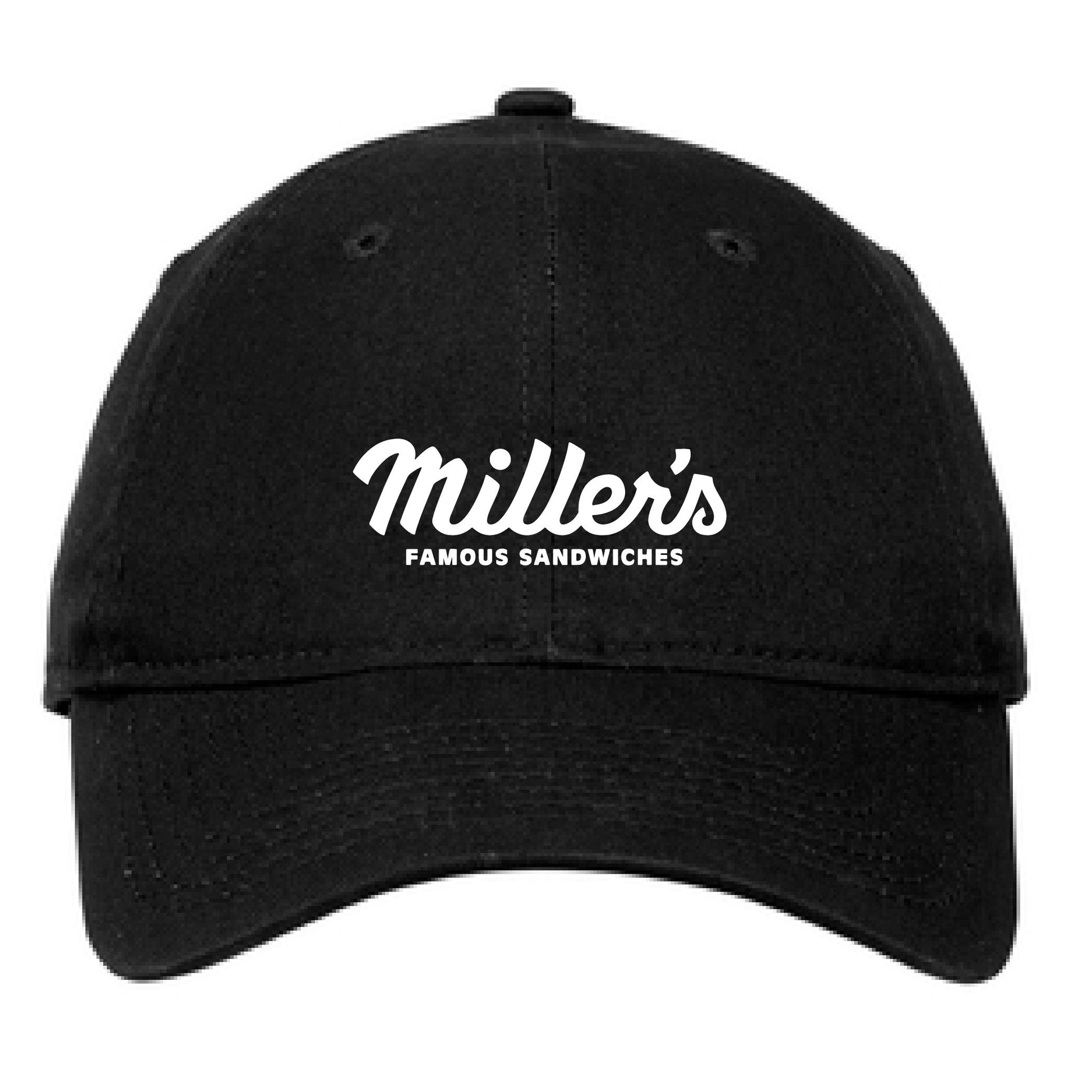 Black unstructured 100% cotton hat with white Miller's Famous Sandwiches embroidery and adjustable fabric strap.