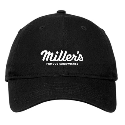 Black unstructured 100% cotton hat with white Miller's Famous Sandwiches embroidery and adjustable fabric strap.