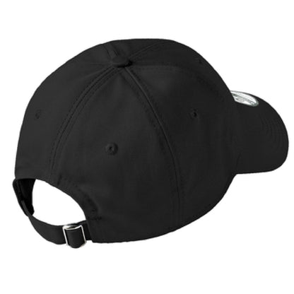 Black unstructured cotton baseball hat with a low profile and adjustable fabric strap featuring a metal D-clip.
