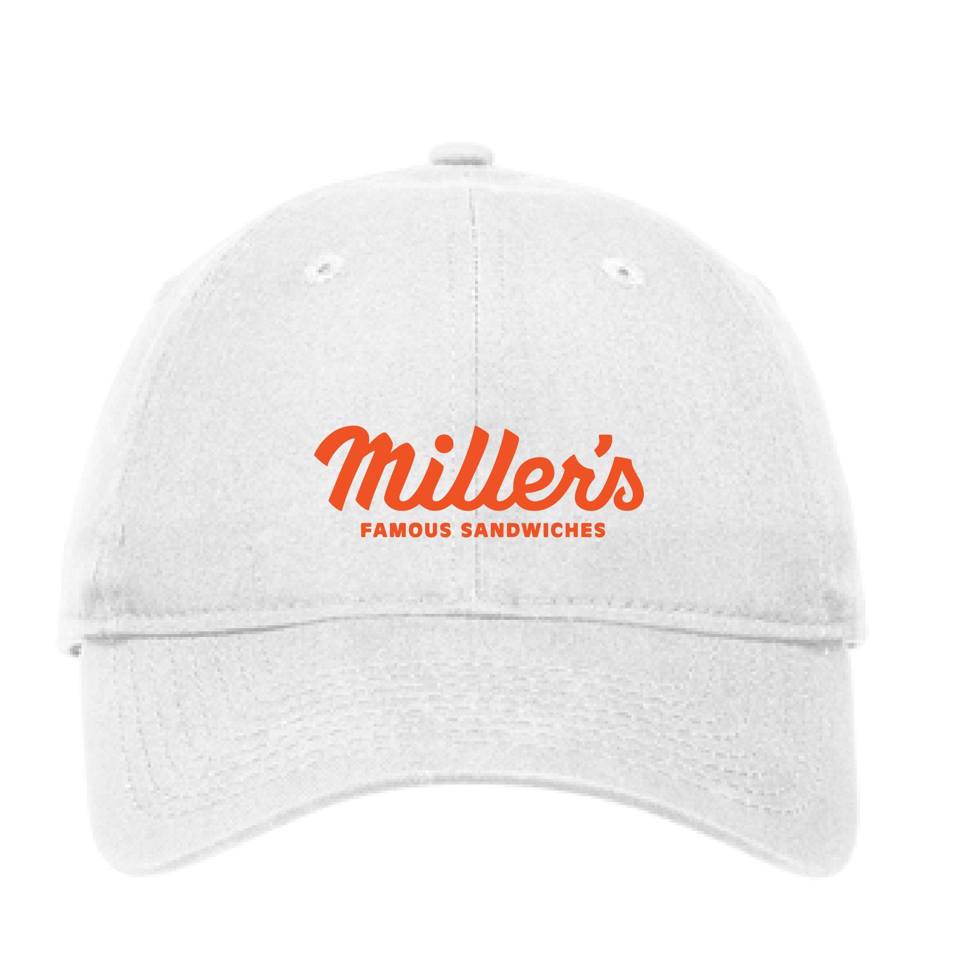 White unstructured cotton baseball hat with orange Miller's Famous Sandwiches logo and adjustable D-clip strap.
