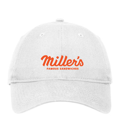 White unstructured cotton baseball hat with orange Miller's Famous Sandwiches logo and adjustable D-clip strap.