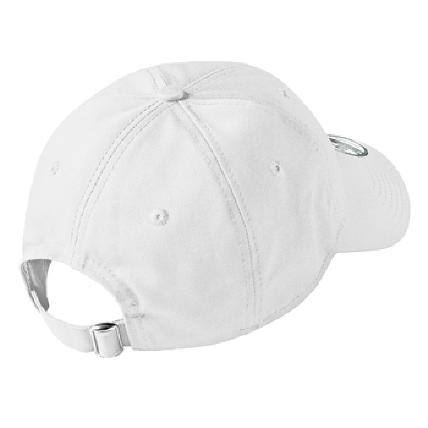 White unstructured cotton baseball hat with a fabric strap and adjustable silver D-clip closure.