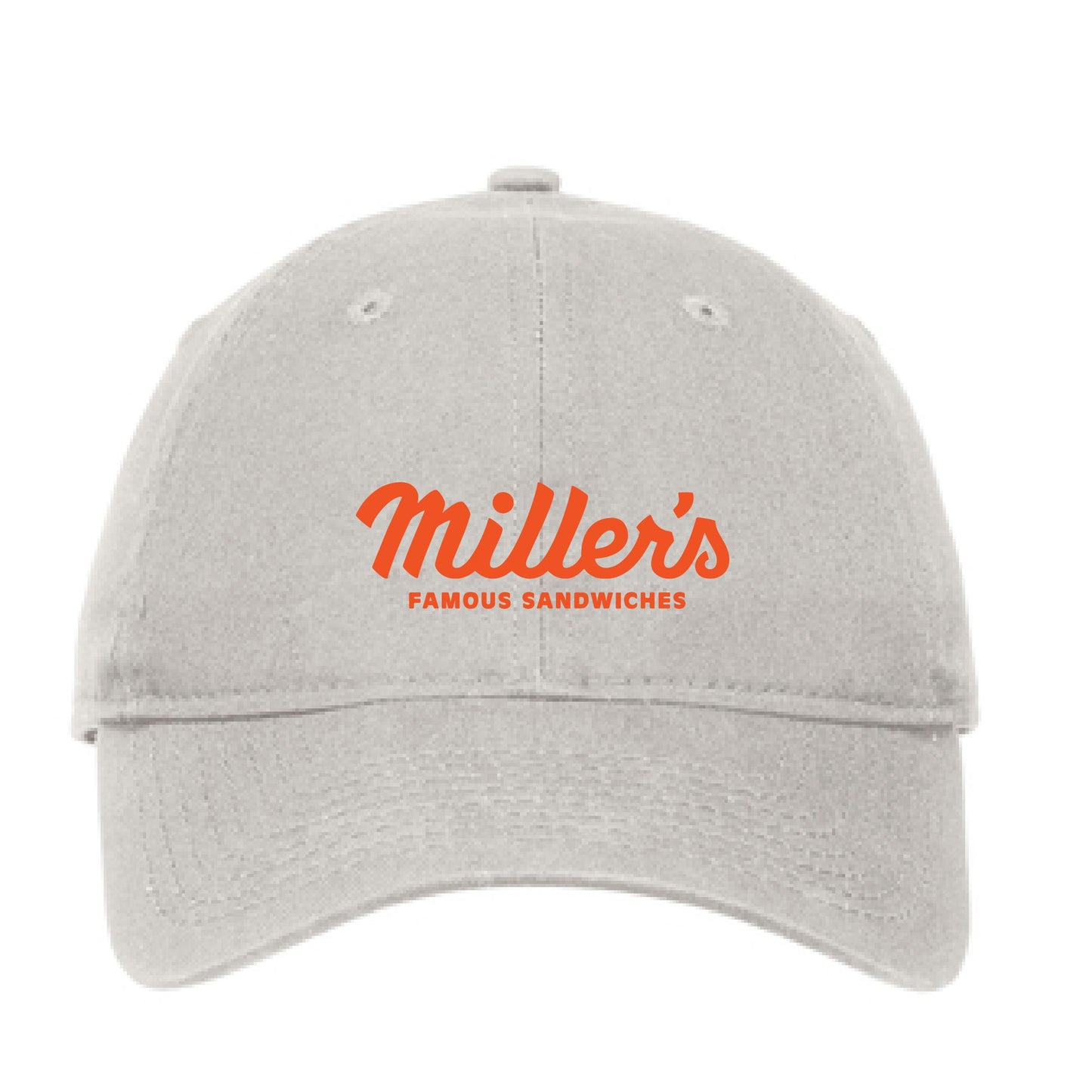 Light gray unstructured cotton hat featuring an orange Miller's Famous Sandwiches logo on the front.