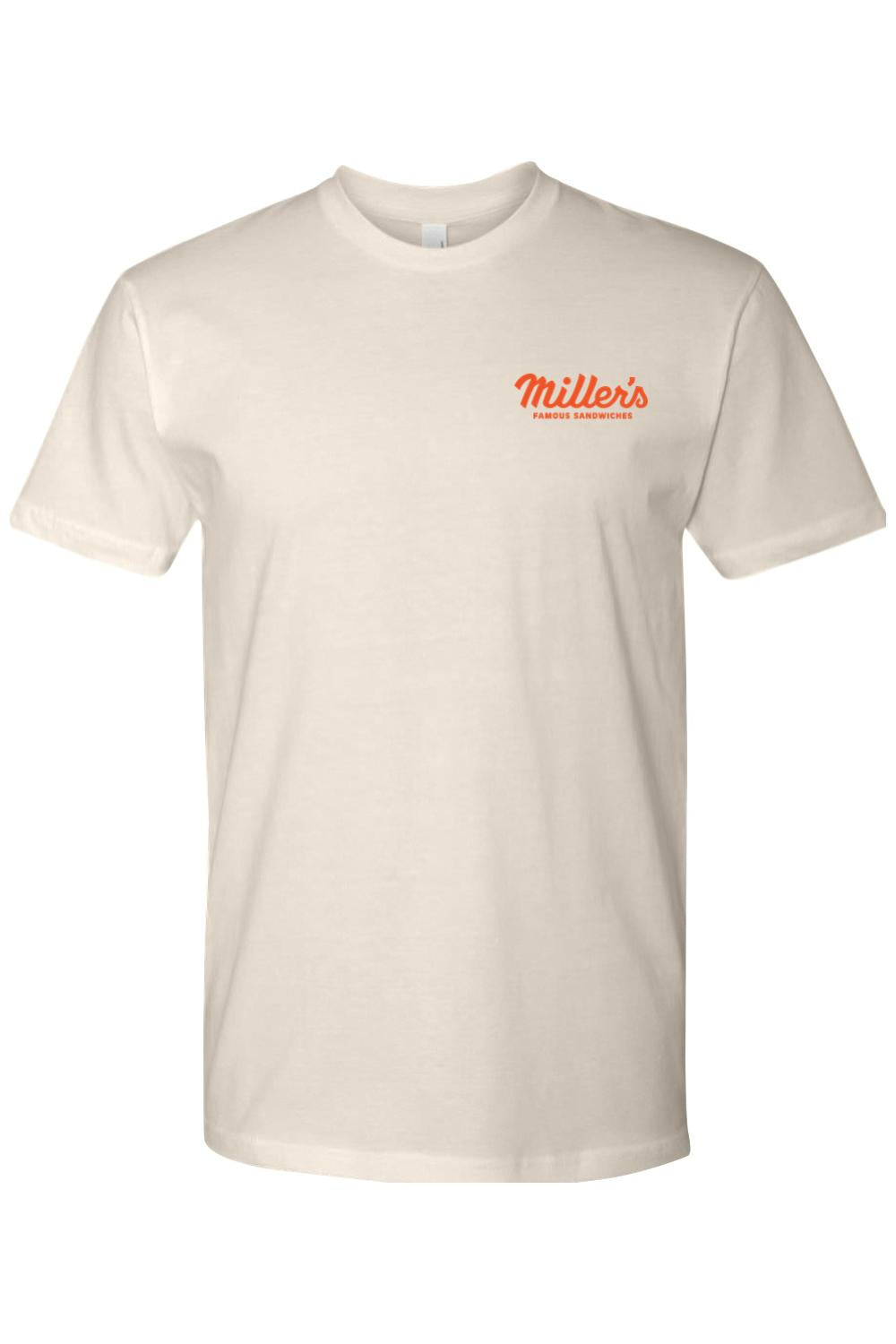 Cream-colored cotton crewneck t-shirt featuring a small red Miller's Famous Sandwiches logo on the left chest.