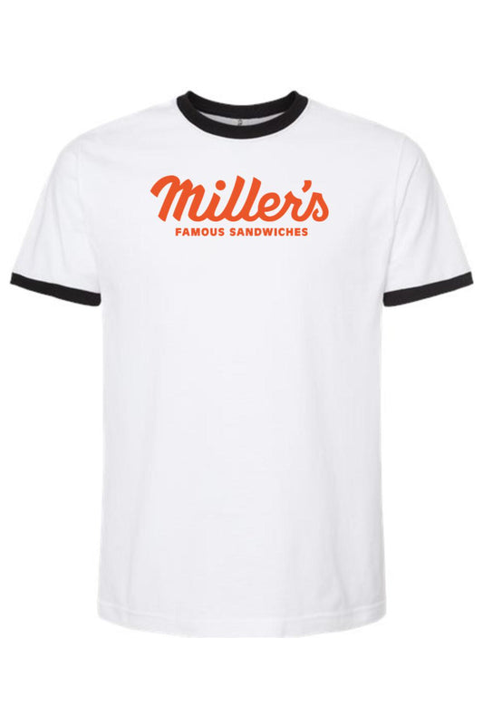 White cotton ringer tee with black trim and orange Miller's Famous Sandwiches logo on the chest.
