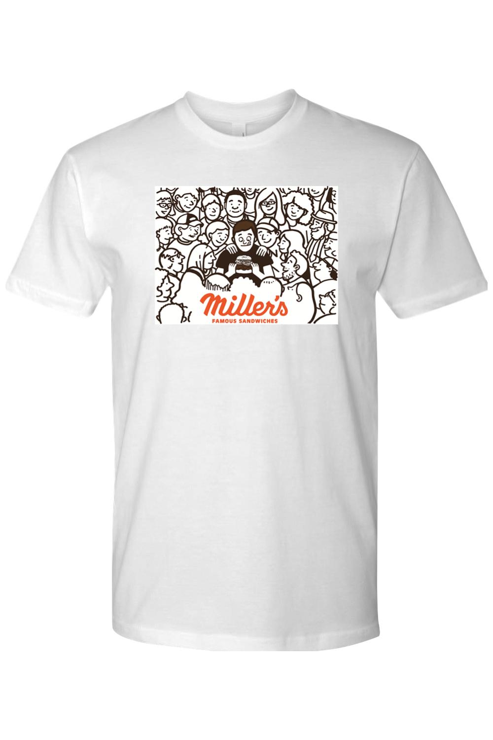 White cotton crew neck t-shirt featuring a black and white crowd illustration and orange Millers Famous Sandwiches logo.