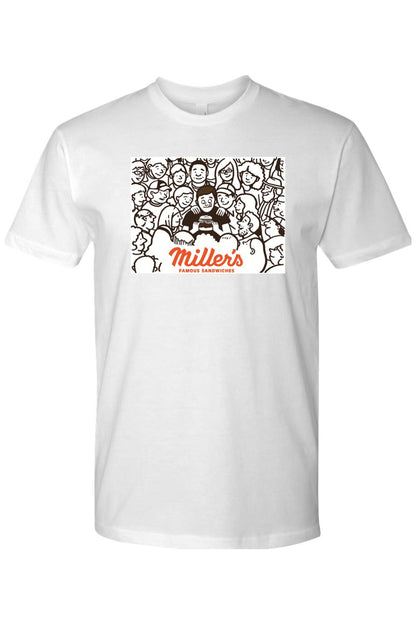 White cotton crew neck t-shirt featuring a black and white crowd illustration and orange Millers Famous Sandwiches logo.