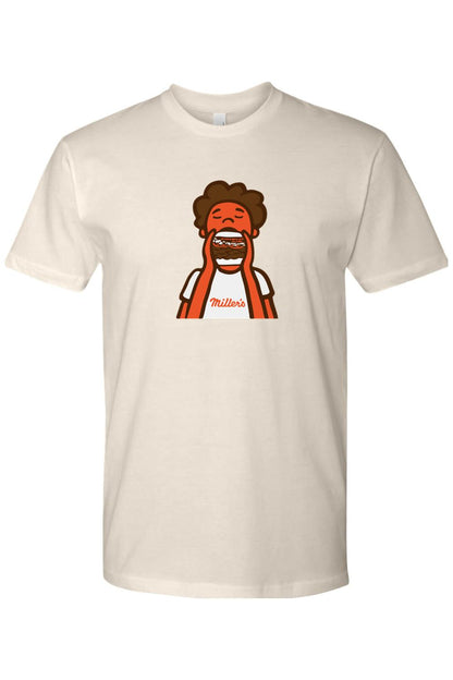 Cream-colored cotton crewneck tee featuring a cartoon graphic of a person eating a burger with Miller's branding.
