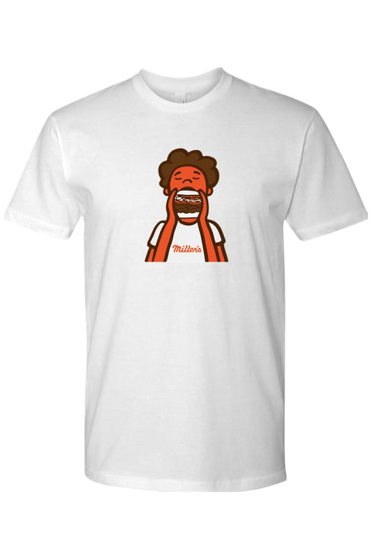 White cotton crew neck t-shirt featuring a graphic of a person eating a burger with Millers branding.