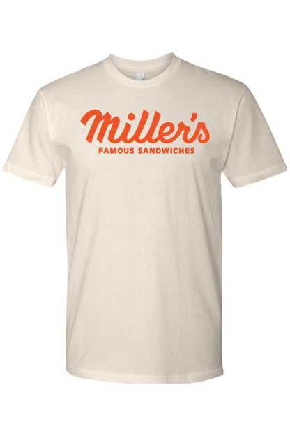 Cream-colored cotton crewneck t-shirt featuring Miller's Famous Sandwiches printed in bold orange script lettering.