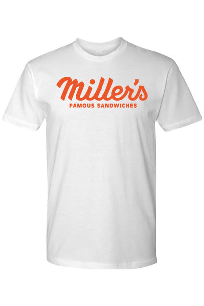 White cotton crew neck t-shirt featuring orange Miller's Famous Sandwiches logo text on the chest.