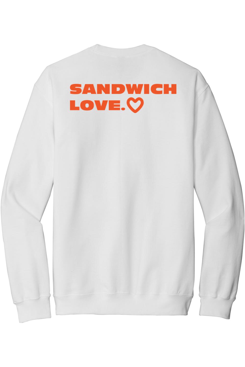 White crewneck sweatshirt featuring the orange text SANDWICH LOVE. with a heart icon on the back.