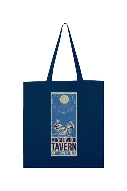 Navy blue canvas tote bag featuring a vintage-style Minglewood Tavern graphic with dancing turtles and a full moon.