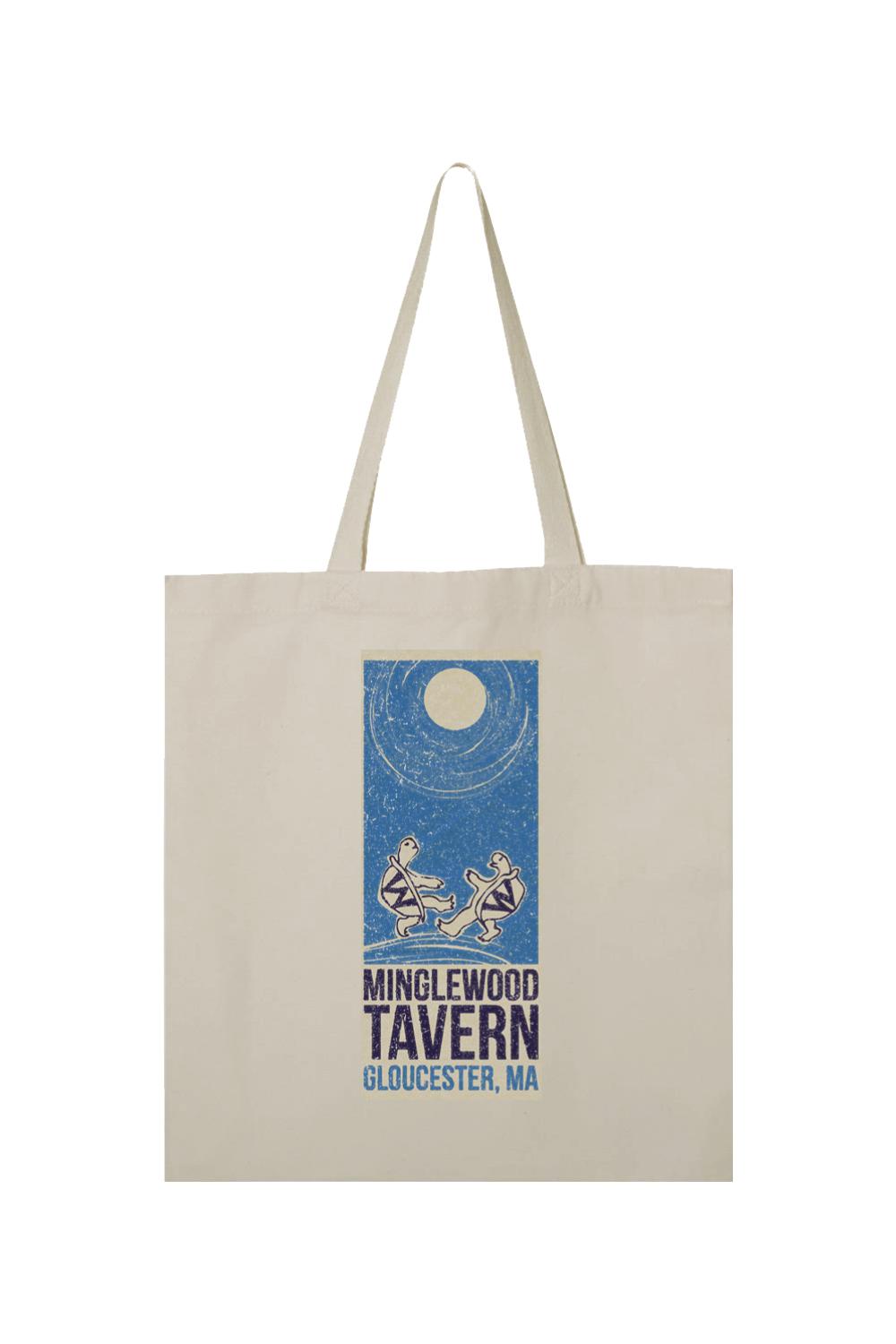 Natural canvas tote bag featuring a blue Minglewood Tavern Gloucester, MA graphic with dancing bears.