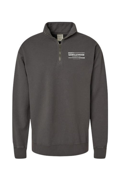 Charcoal garment-dyed men's quarter-zip sweatshirt with Minglewood Harborside logo on the chest.