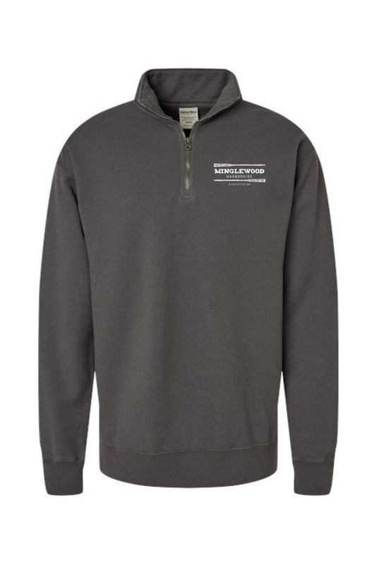 Charcoal garment-dyed men's quarter-zip sweatshirt with Minglewood Harborside logo on the chest.