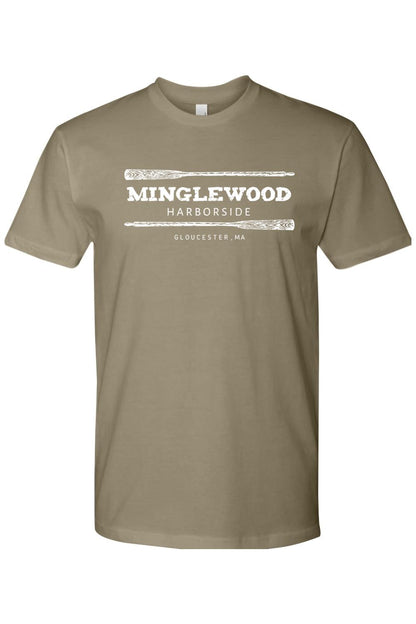 Khaki crewneck t-shirt featuring a white Minglewood Harborside graphic with crossed oars and Gloucester, MA text.