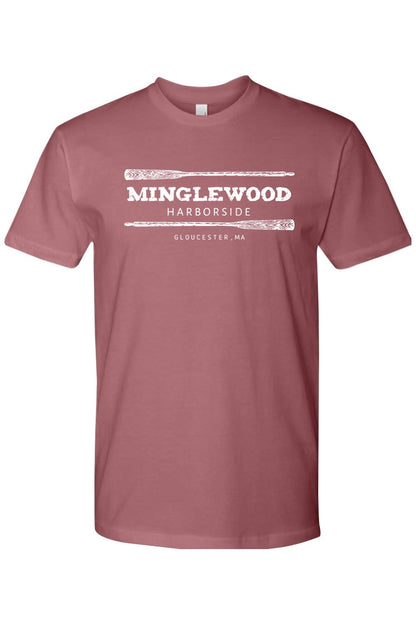 Dusty rose crewneck t-shirt featuring a white graphic of two oars and Minglewood Harborside Gloucester, MA text.