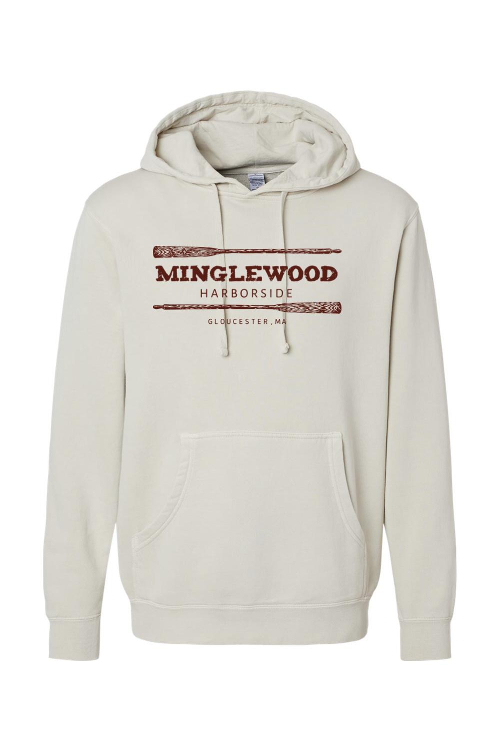 Pigment-dyed cream hooded sweatshirt with Minglewood Harborside oars graphic, front pouch pocket, and cotton blend.