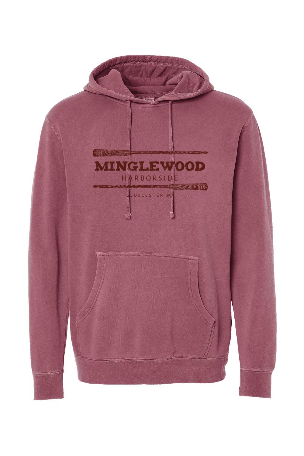 Pigment-dyed maroon hooded sweatshirt with Minglewood Harborside oars graphic and front pouch pocket.
