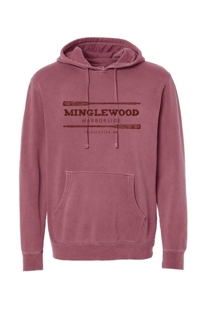 Pigment-dyed maroon hooded sweatshirt with Minglewood Harborside oars graphic and front pouch pocket.