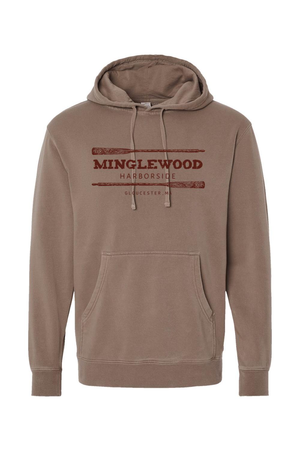 Pigment-dyed taupe hooded sweatshirt with Minglewood Harborside oars graphic and front pouch pocket.