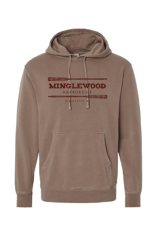 Pigment-dyed taupe hooded sweatshirt with Minglewood Harborside oars graphic and front pouch pocket.