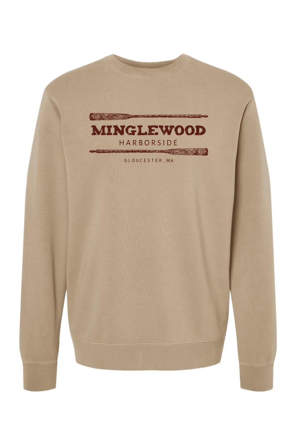 Tan pigment-dyed crewneck sweatshirt with Minglewood Harborside graphic and oar illustrations in dark brown.