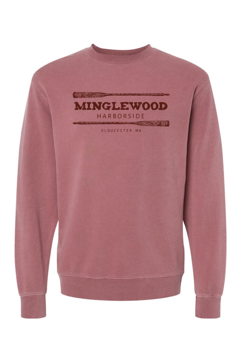 Dusty rose pigment-dyed crewneck sweatshirt featuring a Minglewood Harborside graphic with oars in dark brown.