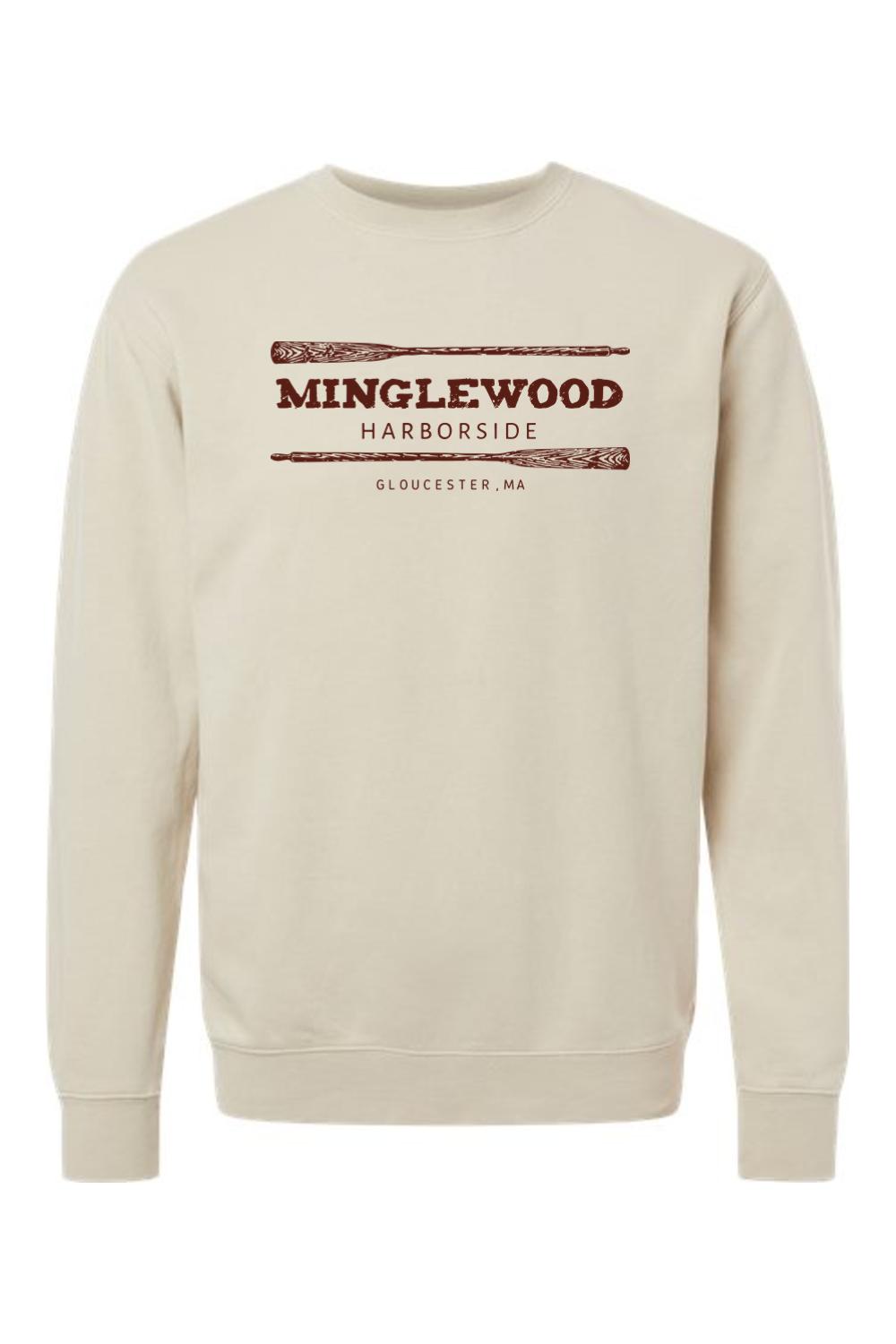 Beige pigment-dyed crewneck sweatshirt with Minglewood Harborside logo and oar graphic in dark brown.