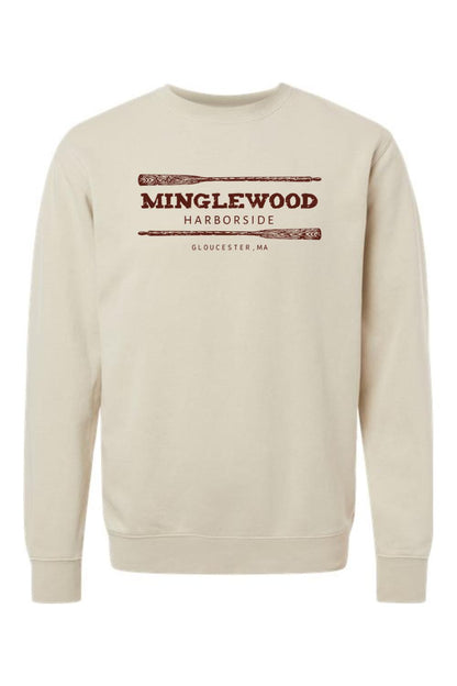 Beige pigment-dyed crewneck sweatshirt with Minglewood Harborside logo and oar graphic in dark brown.