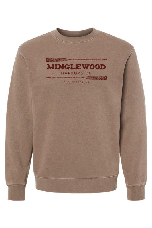 Brown pigment-dyed crewneck sweatshirt with Minglewood Harborside graphic featuring oars and Gloucester, MA text.