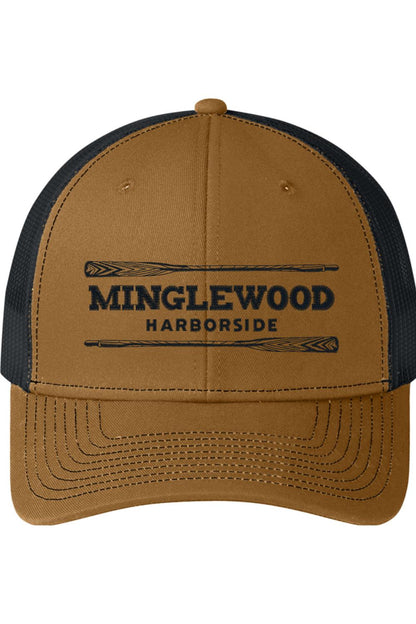 Brown and black trucker cap featuring a Minglewood Harborside logo with crossed oars on the front panel.
