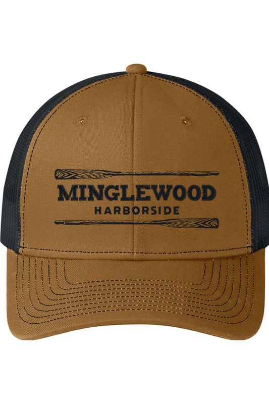 Brown and black trucker cap featuring a Minglewood Harborside logo with crossed oars on the front panel.