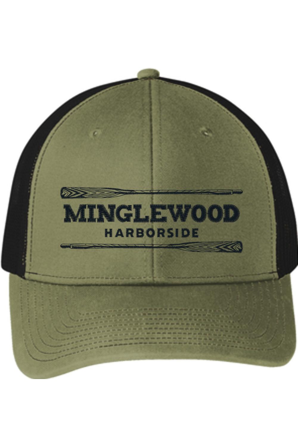 Olive green and black snapback trucker cap featuring a Minglewood Harborside logo with crossed oars.