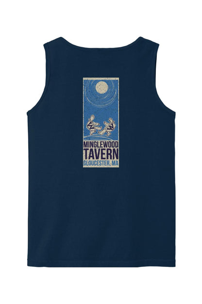 Navy blue Comfort Colors cotton tank top featuring a Minglewood Tavern graphic with two turtles under a moon.