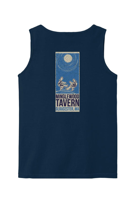 Navy blue Comfort Colors cotton tank top featuring a Minglewood Tavern graphic with two turtles under a moon.