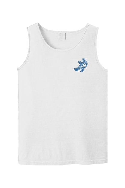 White Comfort Colors cotton tank top featuring a small blue Minglewood Tavern turtle logo on the left chest.