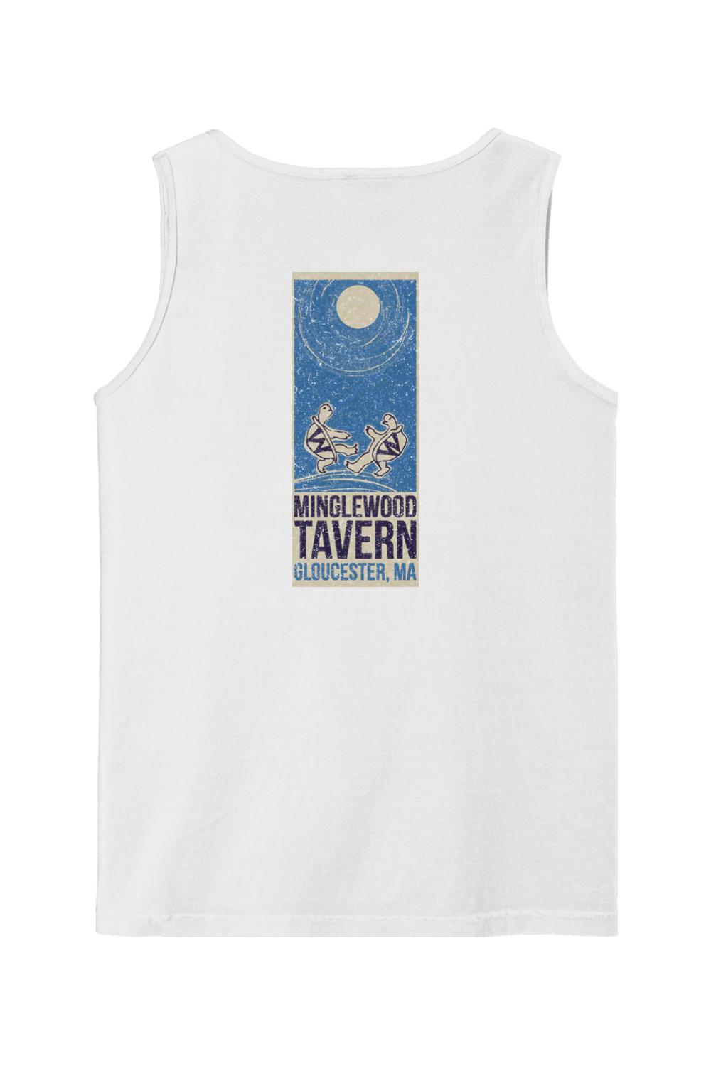 White Comfort Colors cotton tank top featuring a blue Minglewood Tavern graphic with turtles under a moon.