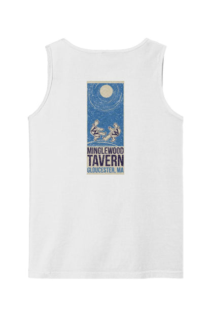 White Comfort Colors cotton tank top featuring a blue Minglewood Tavern graphic with turtles under a moon.