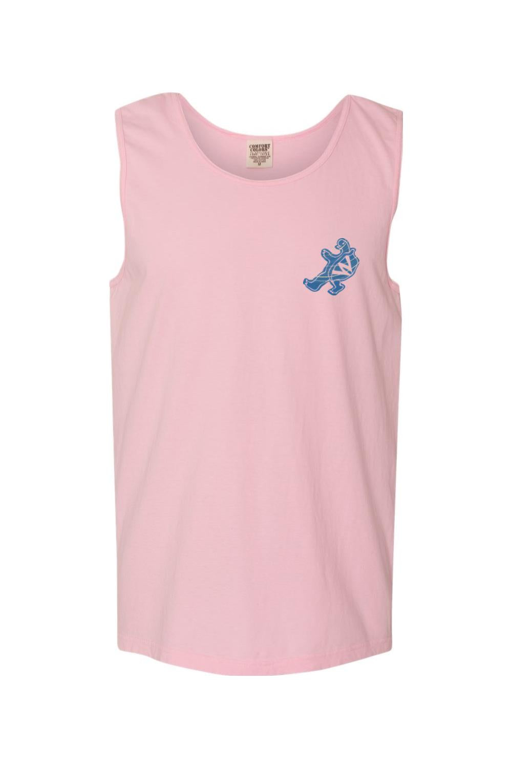 Light pink Comfort Colors cotton tank top featuring a blue turtle logo on the left chest.